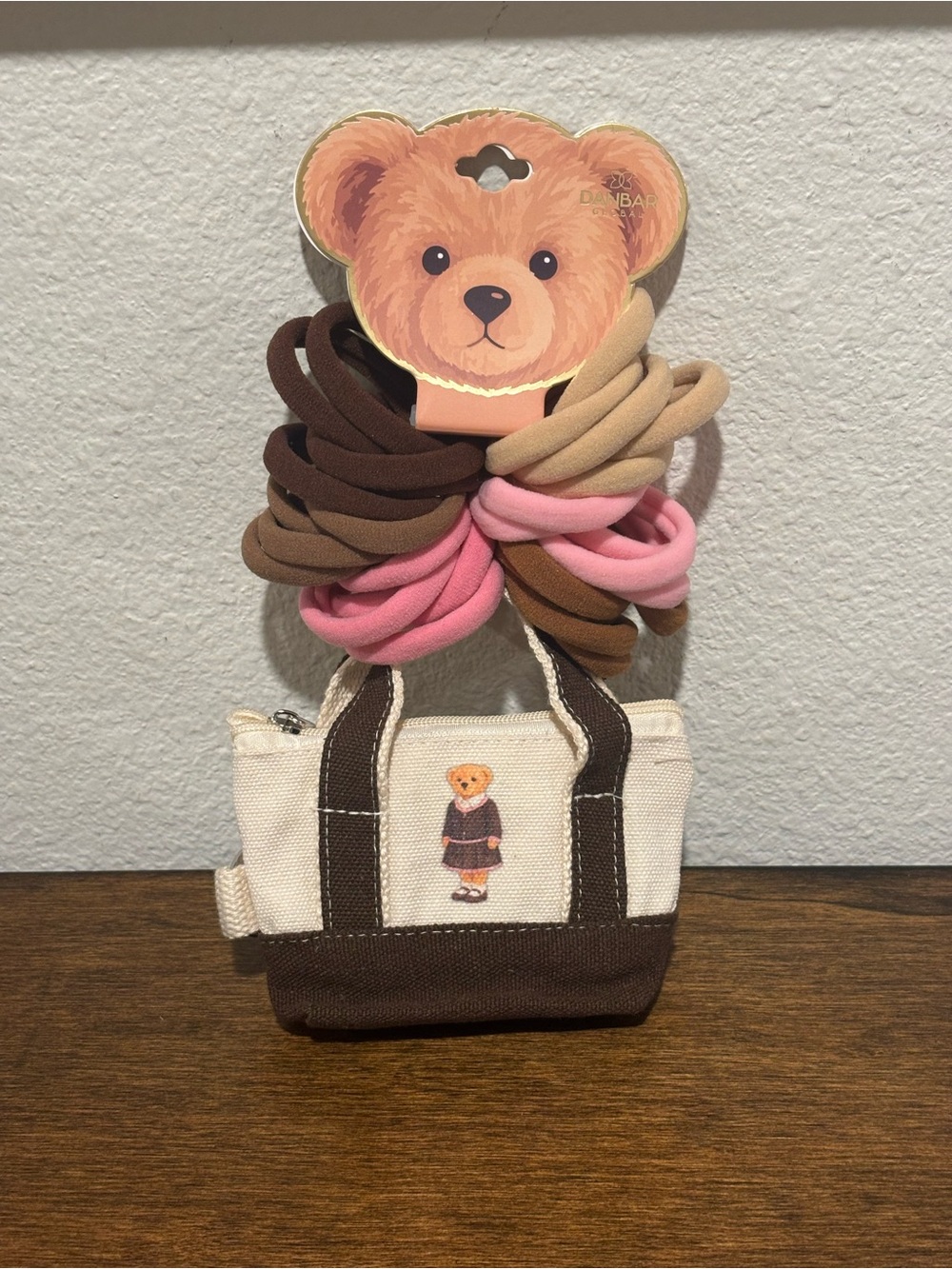 Kids Plush Bear Hair Tie Set with Mini Canvas Tote - Brown, Pink, Tan